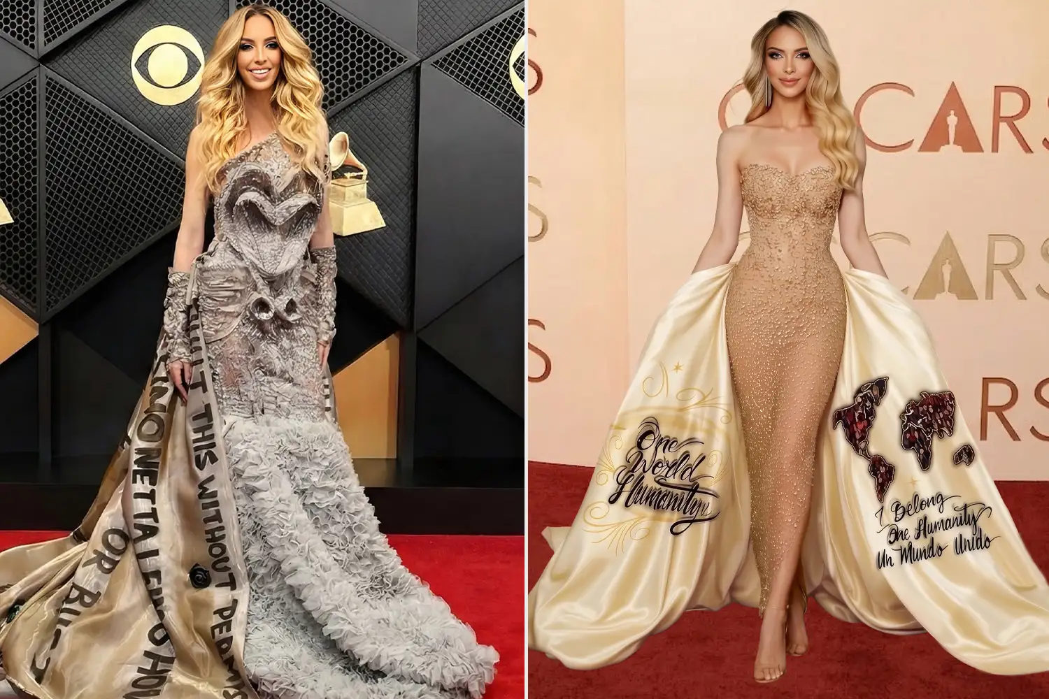Simonetta Lein Lets Her Award Show Dresses Drive the Conversation: 'A Message of Unity and Connection' — “Built This Without Permission” hand-lettered across the train.